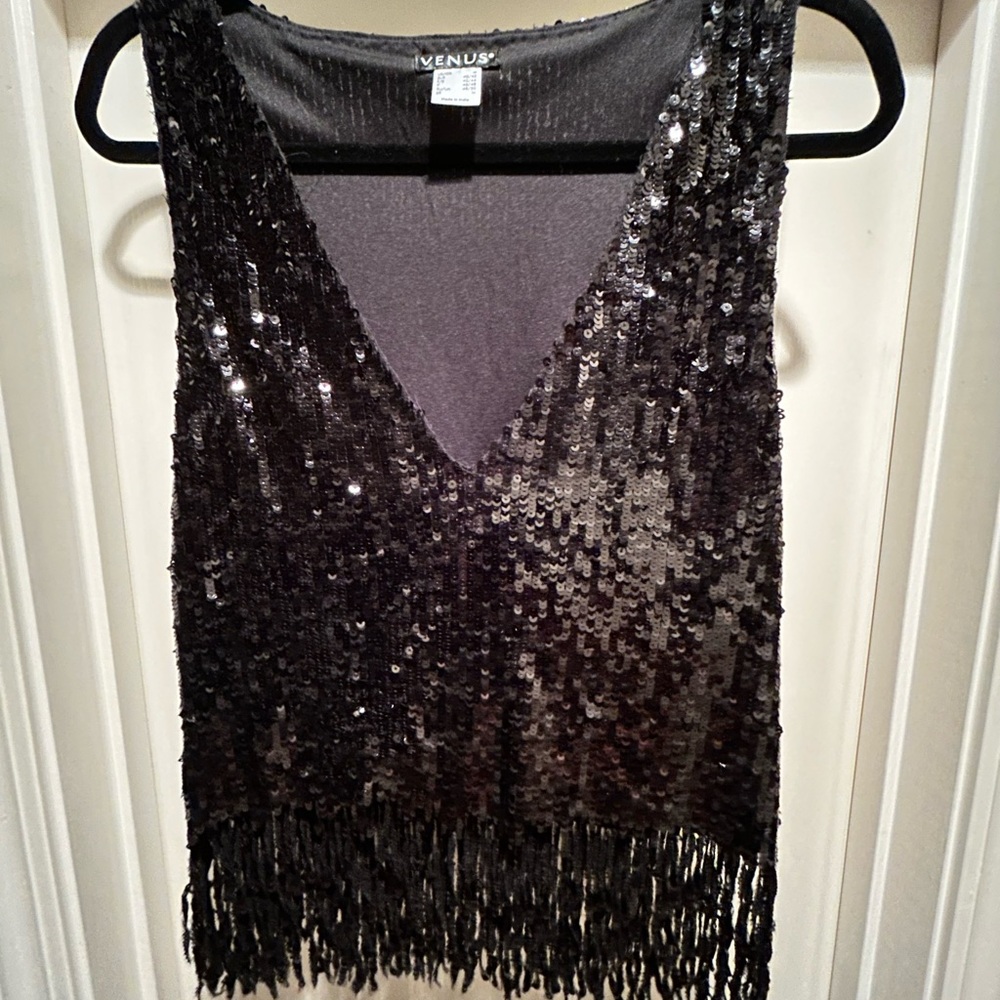 VENUS Black Sequin Fringe Top